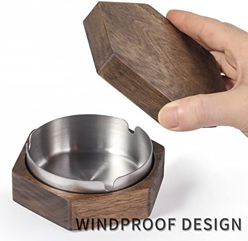 Hexagonal Wooden Ashtray with Stainless Steel Liner Windproof and Easy to Clean