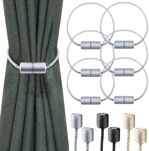 6 Pack Strong Magnetic Curtain Holdbacks with Thick Twist Rope Grey
