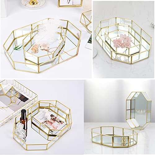 Hipiwe Mirror Glass Vanity Tray - Gold Ornate Decorative Tray