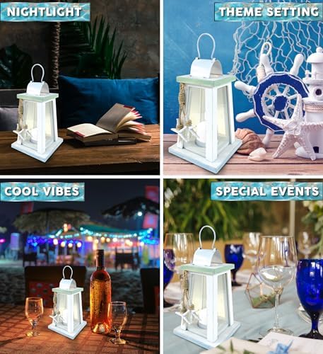 Puzzled Beach Lantern - White Wood Metal Candle Holder with Starfish Rope Accents