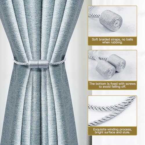 6 Pack Strong Magnetic Curtain Holdbacks with Thick Twist Rope Grey