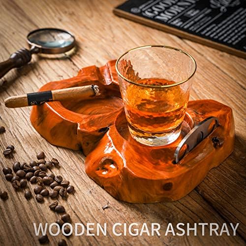 Wooden Cigar Ashtray with Whiskey Glass and Cutter Holder