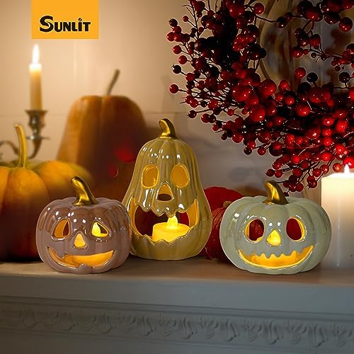 Sunlit Ceramic Pumpkin Tea Light Holder Set of 3