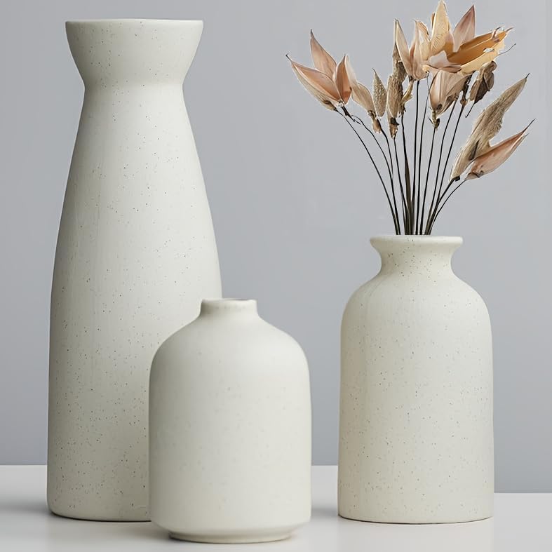 Distressed Ceramic Vase Set of 3 Modern Bohemian Farmhouse Decor