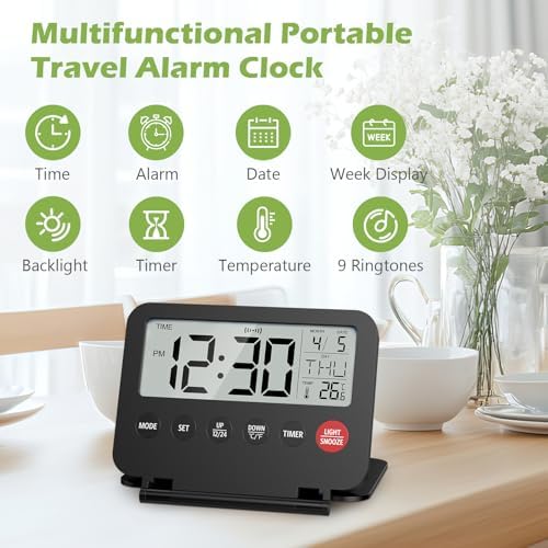 KeeKit Digital Travel Alarm Clock with Date and Temperature