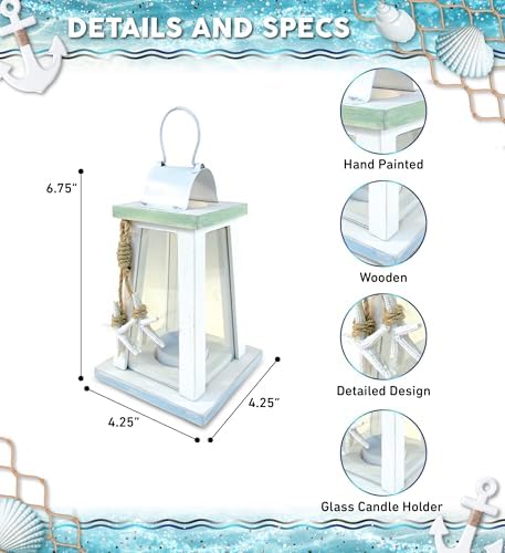 Puzzled Beach Lantern - White Wood Metal Candle Holder with Starfish Rope Accents