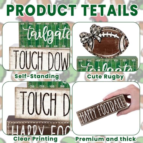 4Pcs Football Wooden Block Sign Fall Decor Centerpiece