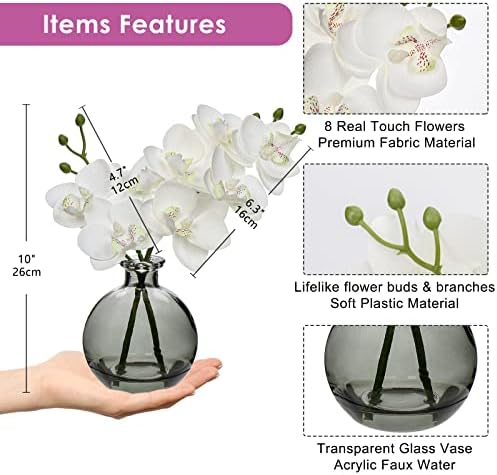 White Orchids Artificial Flower Set of 2 with Black Glass Vase