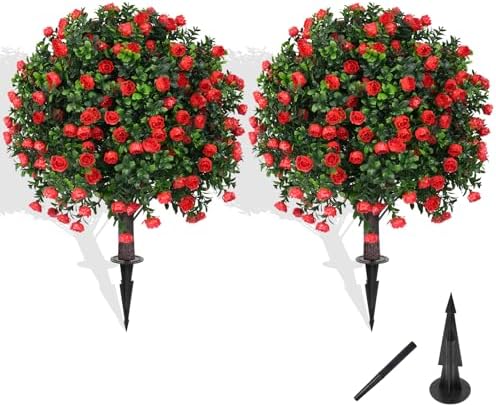 Artificial Boxwood Topiary Tree with Rose Set of 2