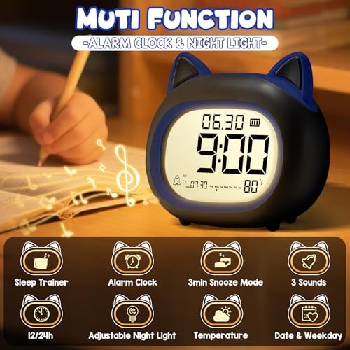 Adorable Cat Alarm Clock for Kids with Night Light