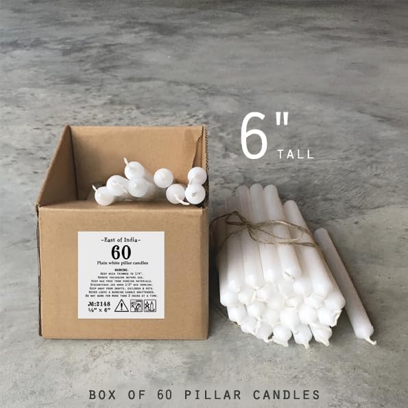 East of India Plain White Slim Pillar Candles 6 Tall Box 60 Pcs