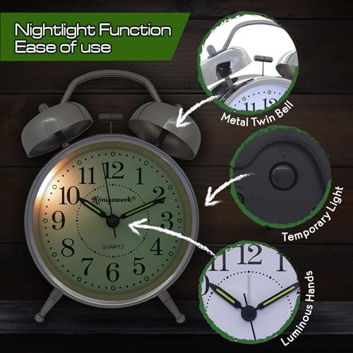 Loud Bell Alarm Clock with Night Light and Silent Hands