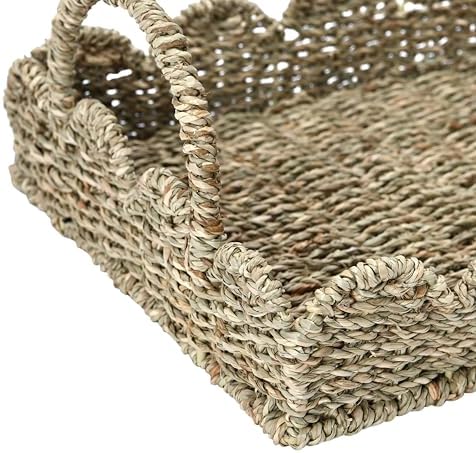 Handwoven Seagrass Tray with Handles and Scalloped Edge