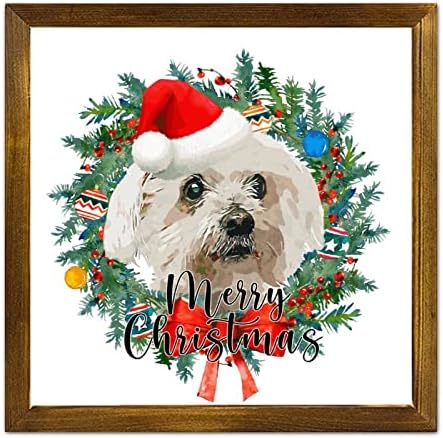 Merry Christmas Dog with Hat Wreath Wall Sign