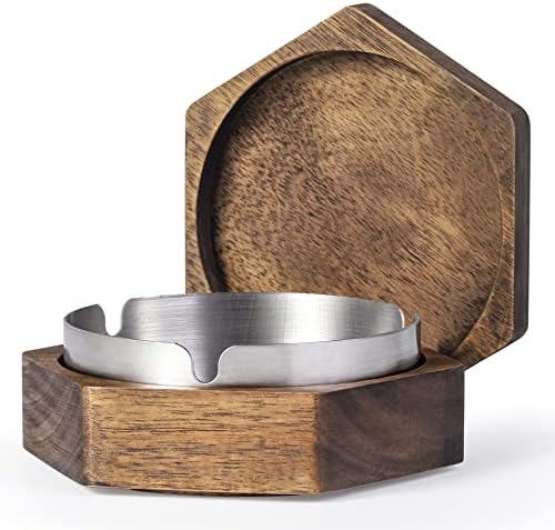 Hexagonal Wooden Ashtray with Stainless Steel Liner Windproof and Easy to Clean