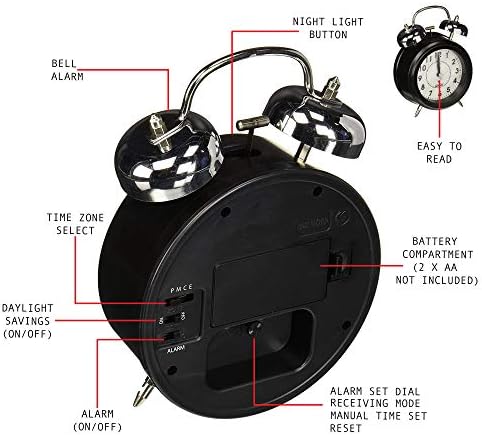 Sonnet Twin Bell Alarm Clock - Very Loud 100dB Battery Operated Blue Backlight Black