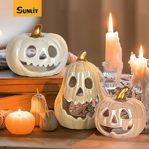 Sunlit Ceramic Pumpkin Tea Light Holder Set of 3