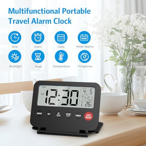 Olipiter Small Foldable Digital Travel Alarm Clock with Calendar and Temperature