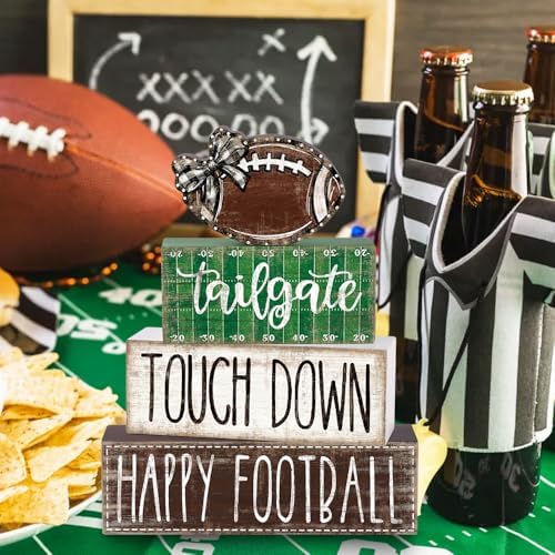 4Pcs Football Wooden Block Sign Fall Decor Centerpiece