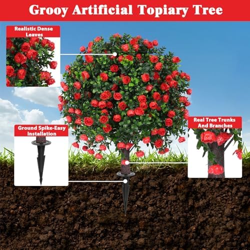 Artificial Boxwood Topiary Tree with Rose Set of 2