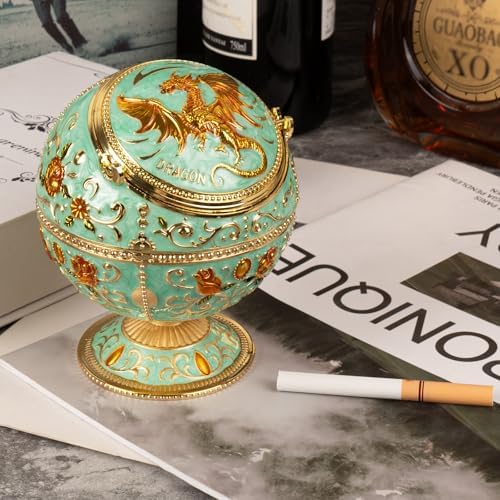 Dragon Ashtray with Lid - Teal Gold Zinc Alloy