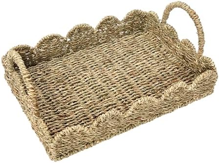 Handwoven Seagrass Tray with Handles and Scalloped Edge