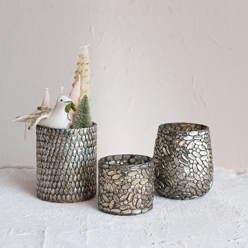 Creative Co Op Oxidized Glass Mosaic Votive Candleholder Pewter Finish