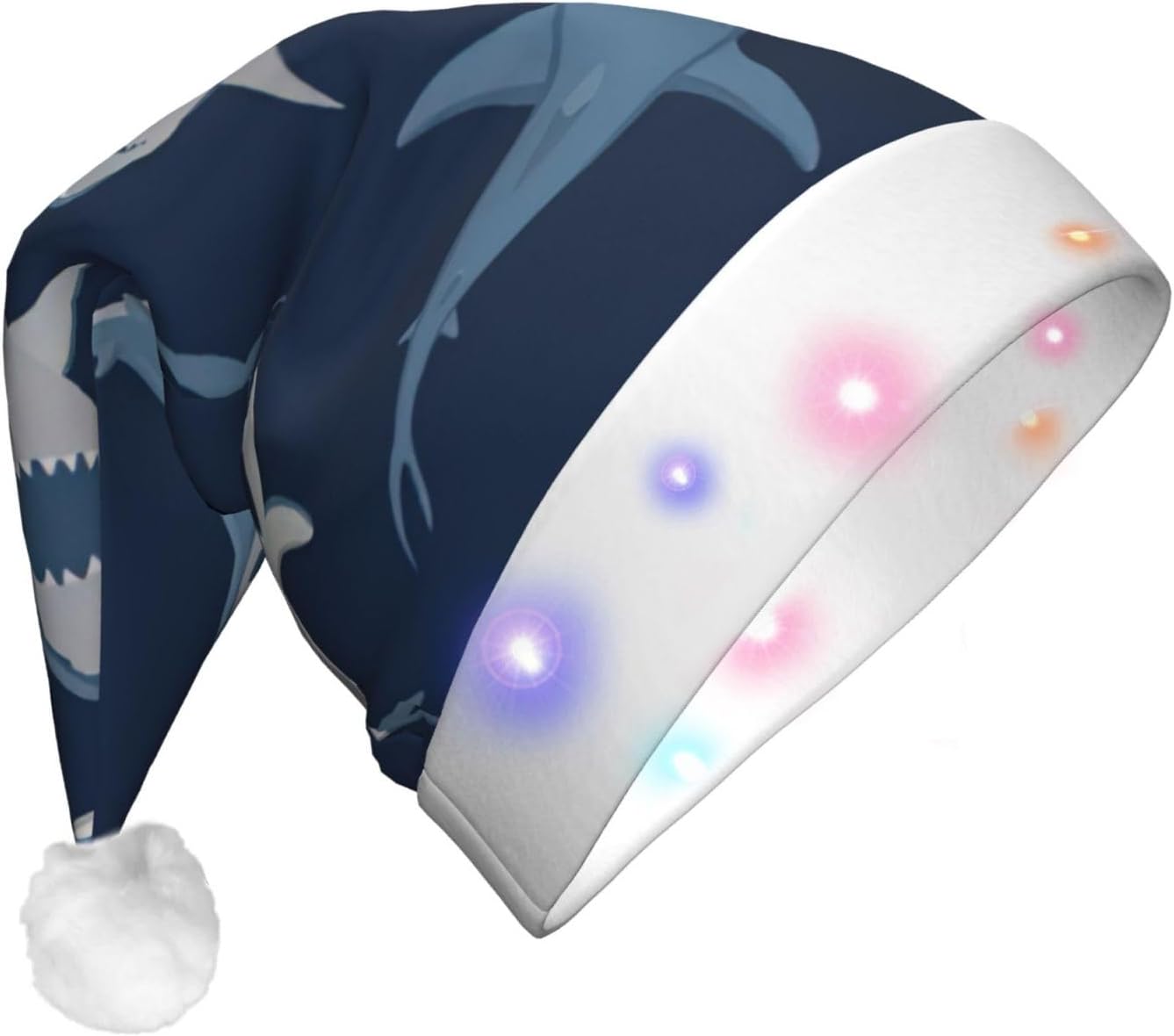 Blue Cartoon Shark Print LED Christmas Hat for Adults