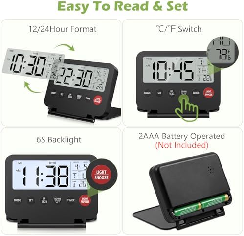 KeeKit Digital Travel Alarm Clock with Date and Temperature