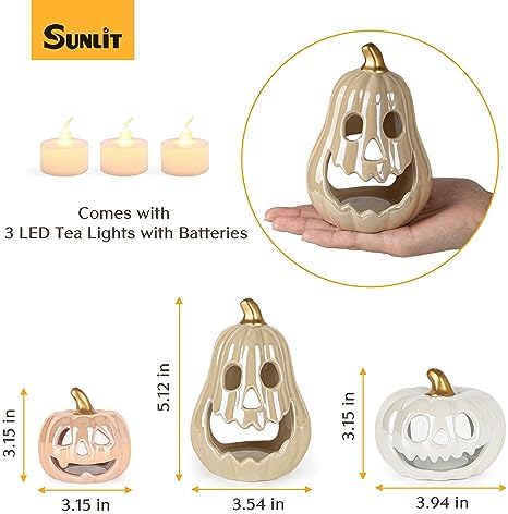 Sunlit Ceramic Pumpkin Tea Light Holder Set of 3
