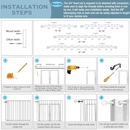 VOIIY 36-72 Inch White Curtain Rod Set with Twisted Finials
