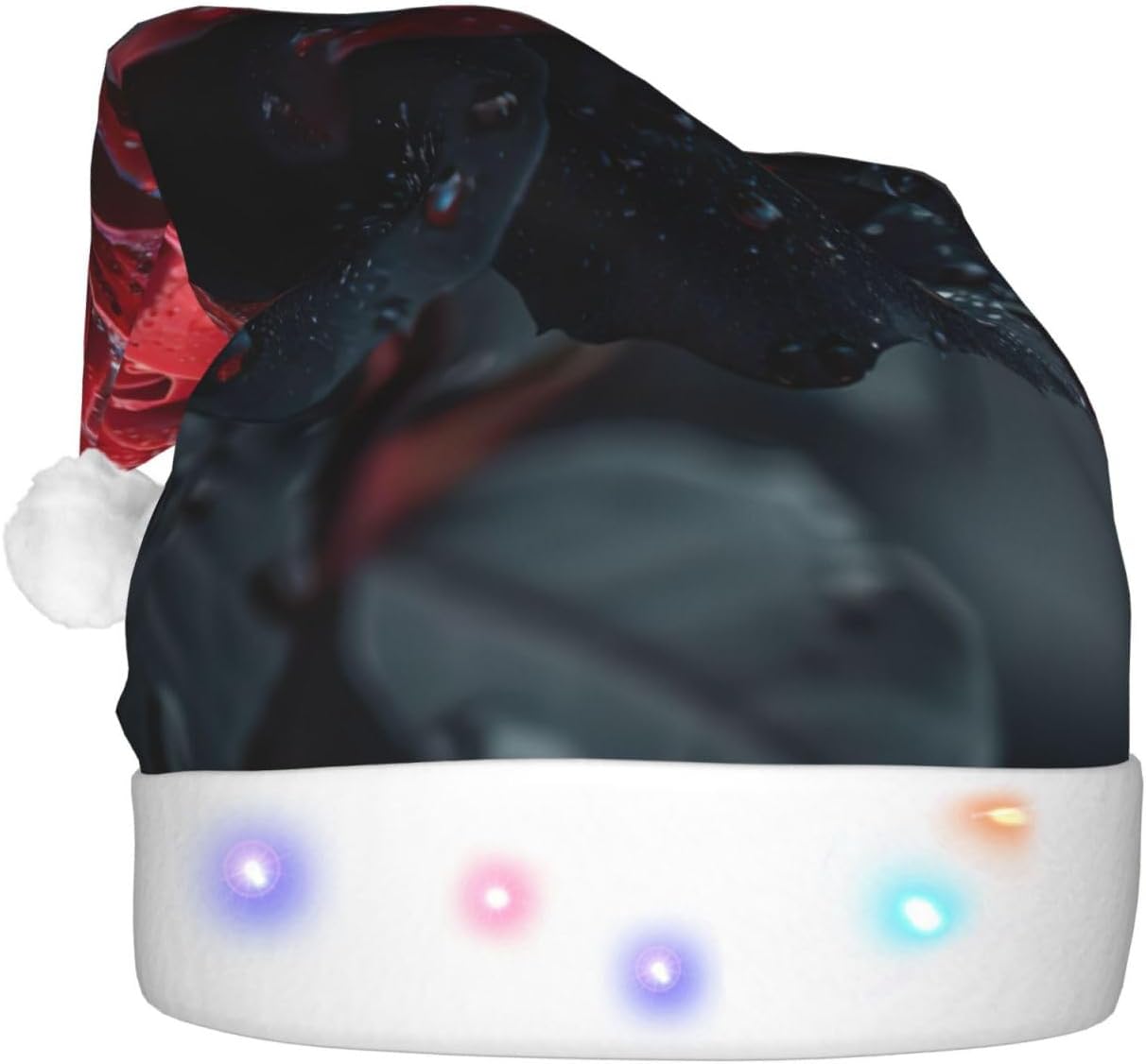 Red And Black Rose Print Christmas Hat With LED Light