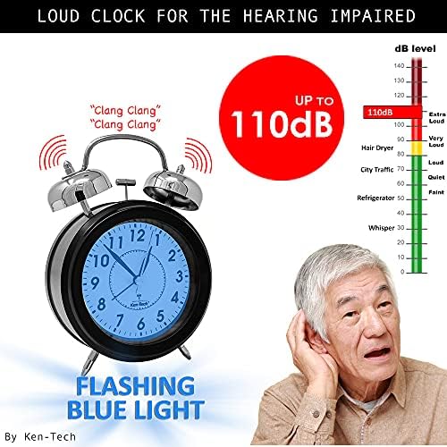 Sonnet Twin Bell Alarm Clock - Very Loud 100dB Battery Operated Blue Backlight Black