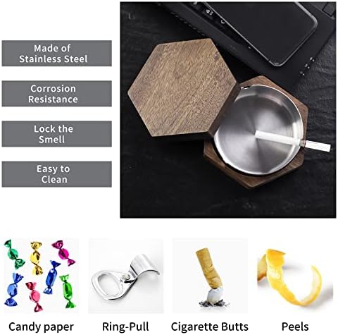 Hexagonal Wooden Ashtray with Stainless Steel Liner Windproof and Easy to Clean