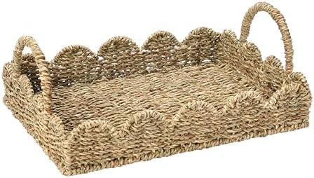 Handwoven Seagrass Tray with Handles and Scalloped Edge