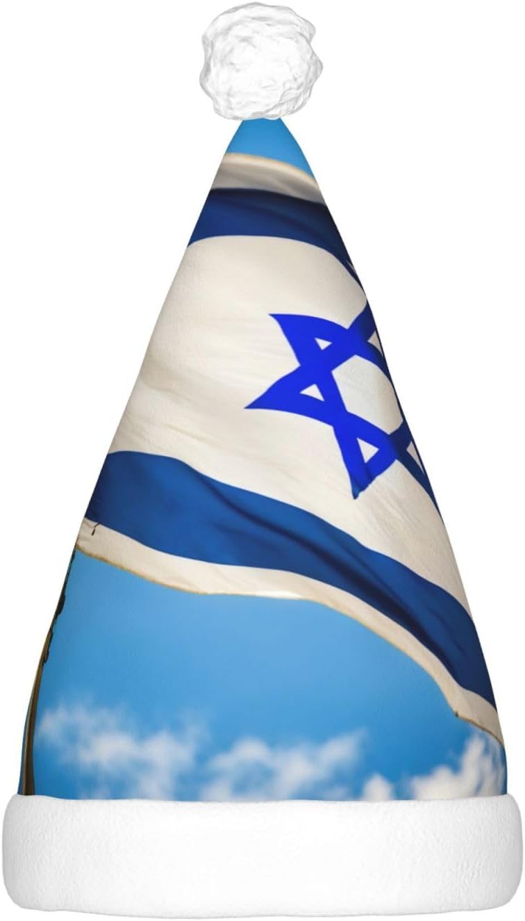 Israeli Flag Print Christmas Hat with LED Lights