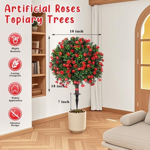 Artificial Boxwood Topiary Tree with Rose Set of 2