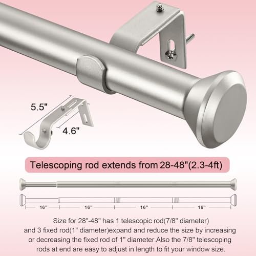 Heavy Duty Curtain Rods 28-48 Inches Silver Adjustable with Diamond Finials