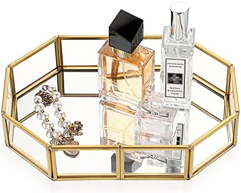 Hipiwe Mirror Glass Vanity Tray - Gold Ornate Decorative Tray
