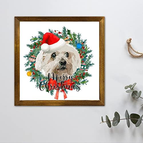 Merry Christmas Dog with Hat Wreath Wall Sign