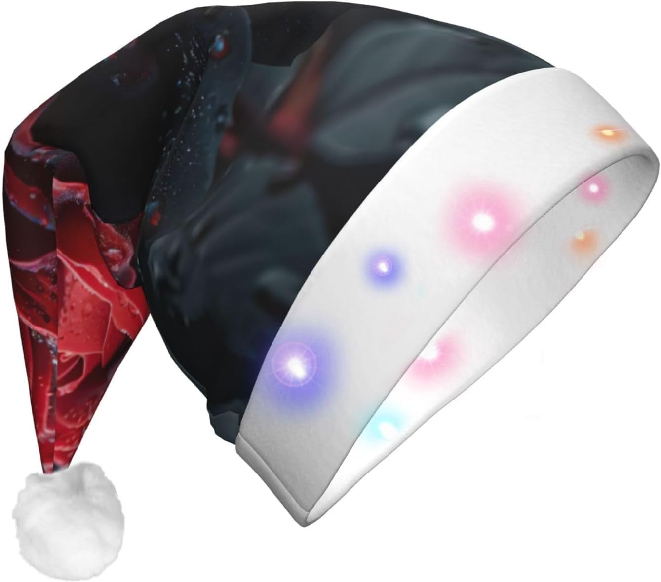 Red And Black Rose Print Christmas Hat With LED Light