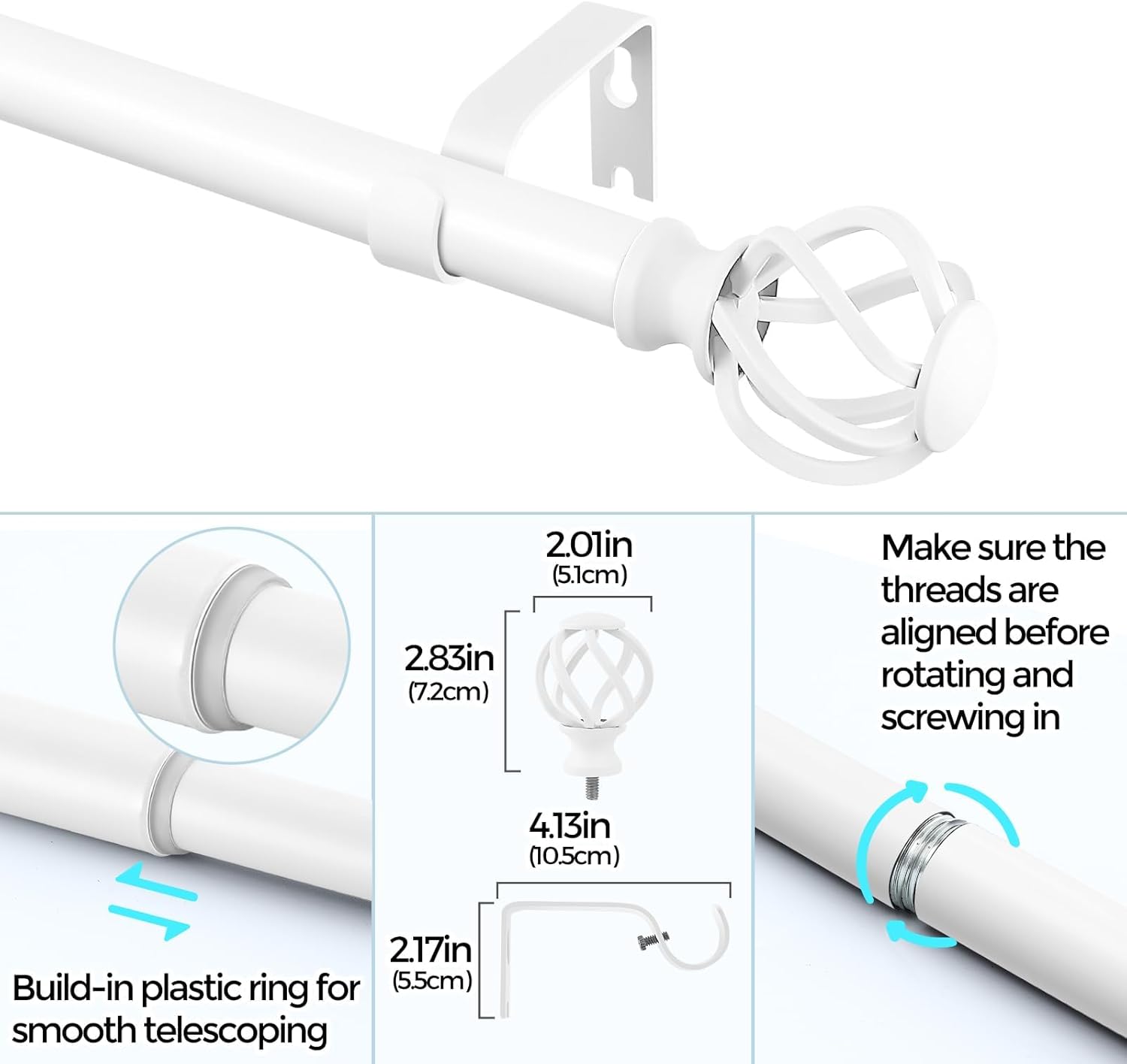 VOIIY 36-72 Inch White Curtain Rod Set with Twisted Finials