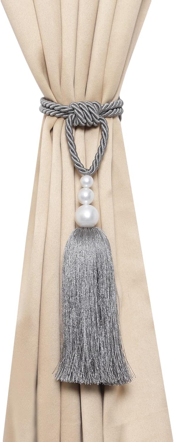 2 Pack Curtain Tiebacks with Pearl Holdbacks Gray