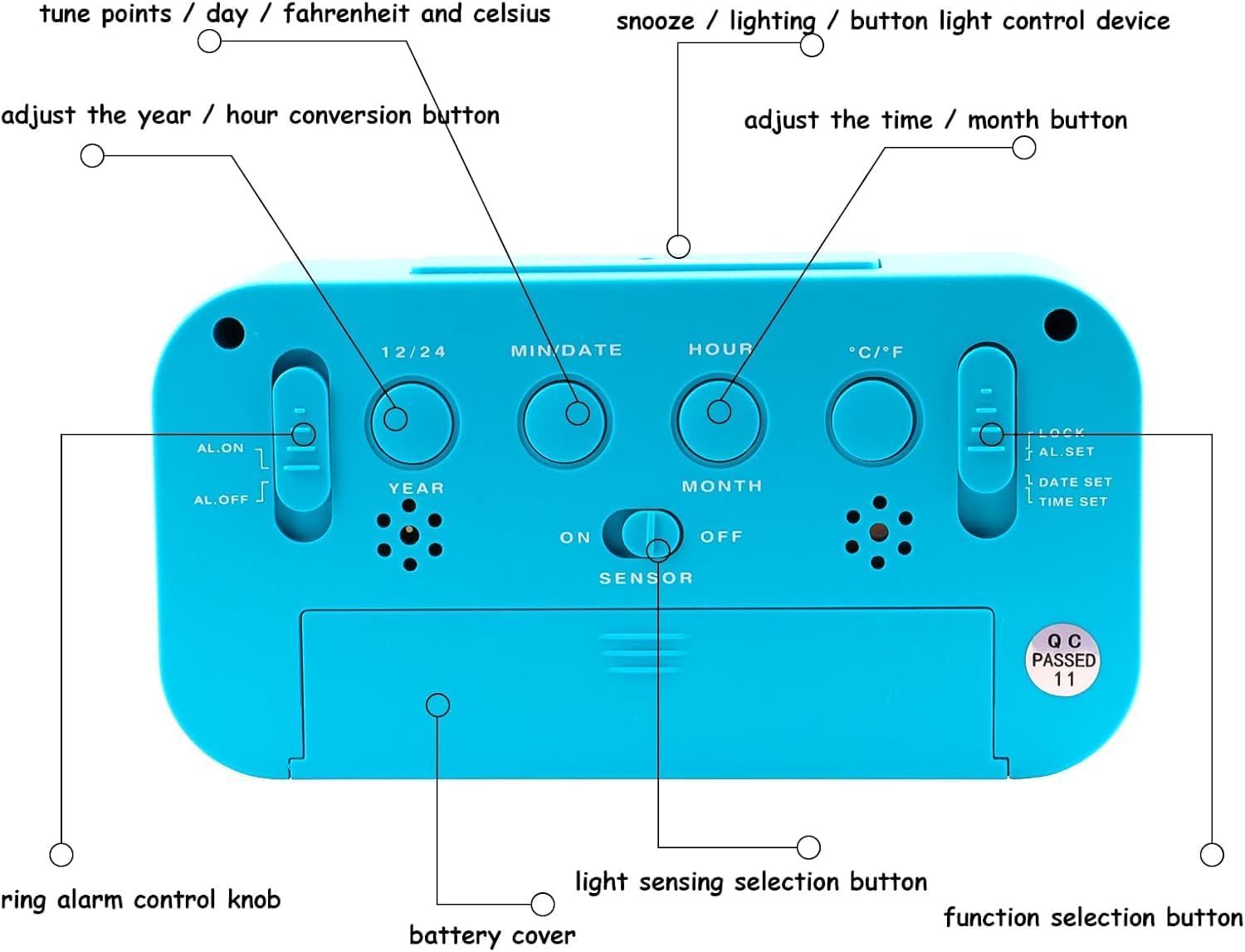 Hooporia Blue Alarm Clock with LCD Screen and Snooze Function