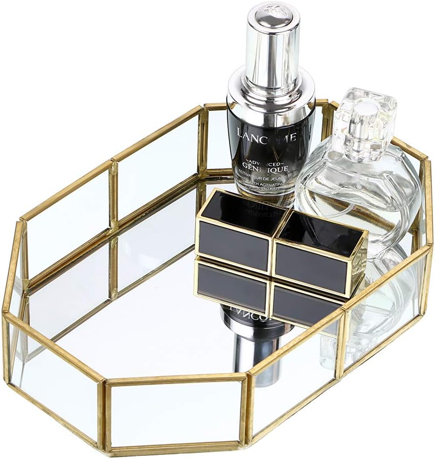 Hipiwe Mirror Glass Vanity Tray - Gold Ornate Decorative Tray