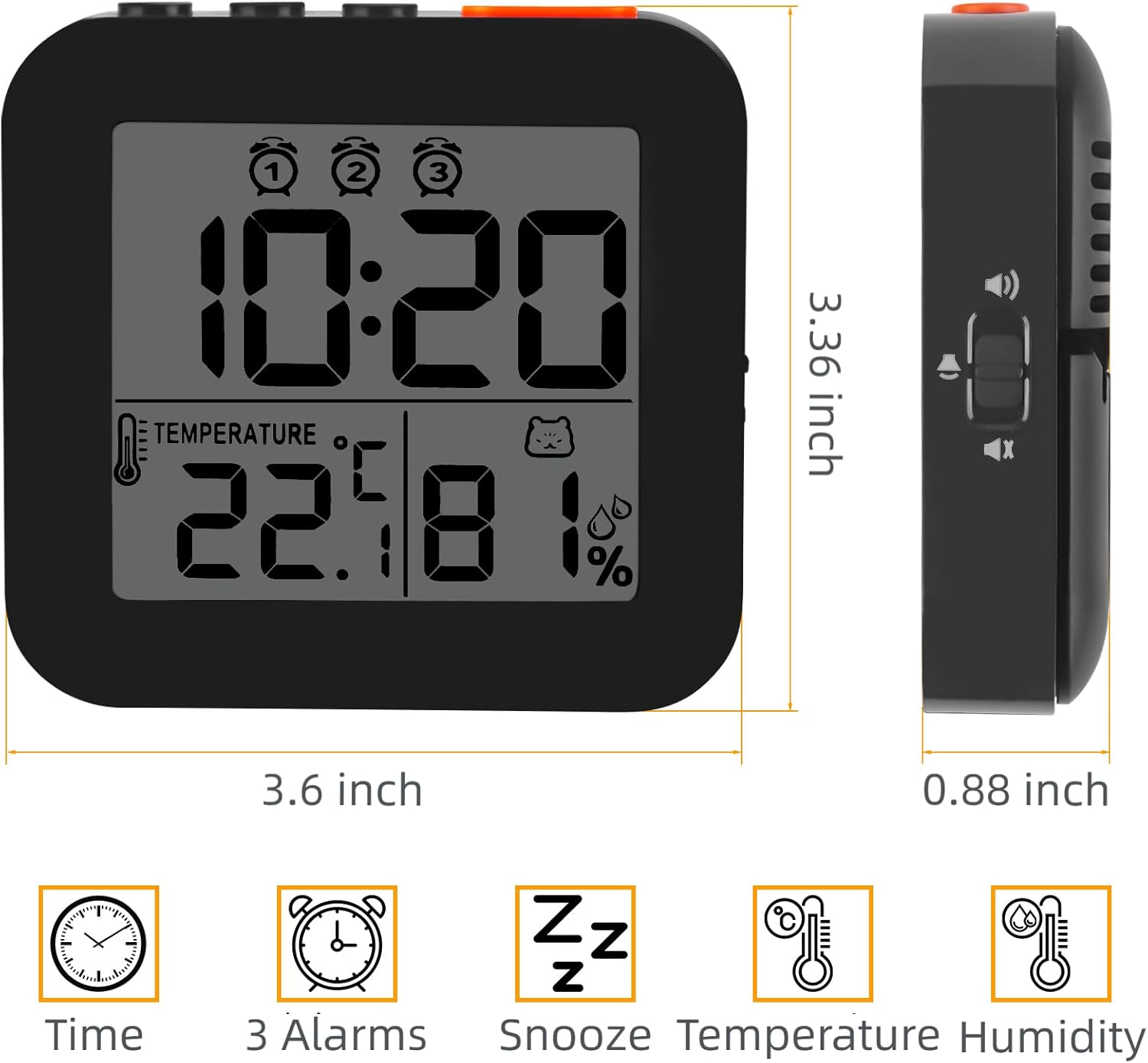 Linoutx Digital Alarm Clock with 3 Bells and Temperature Display