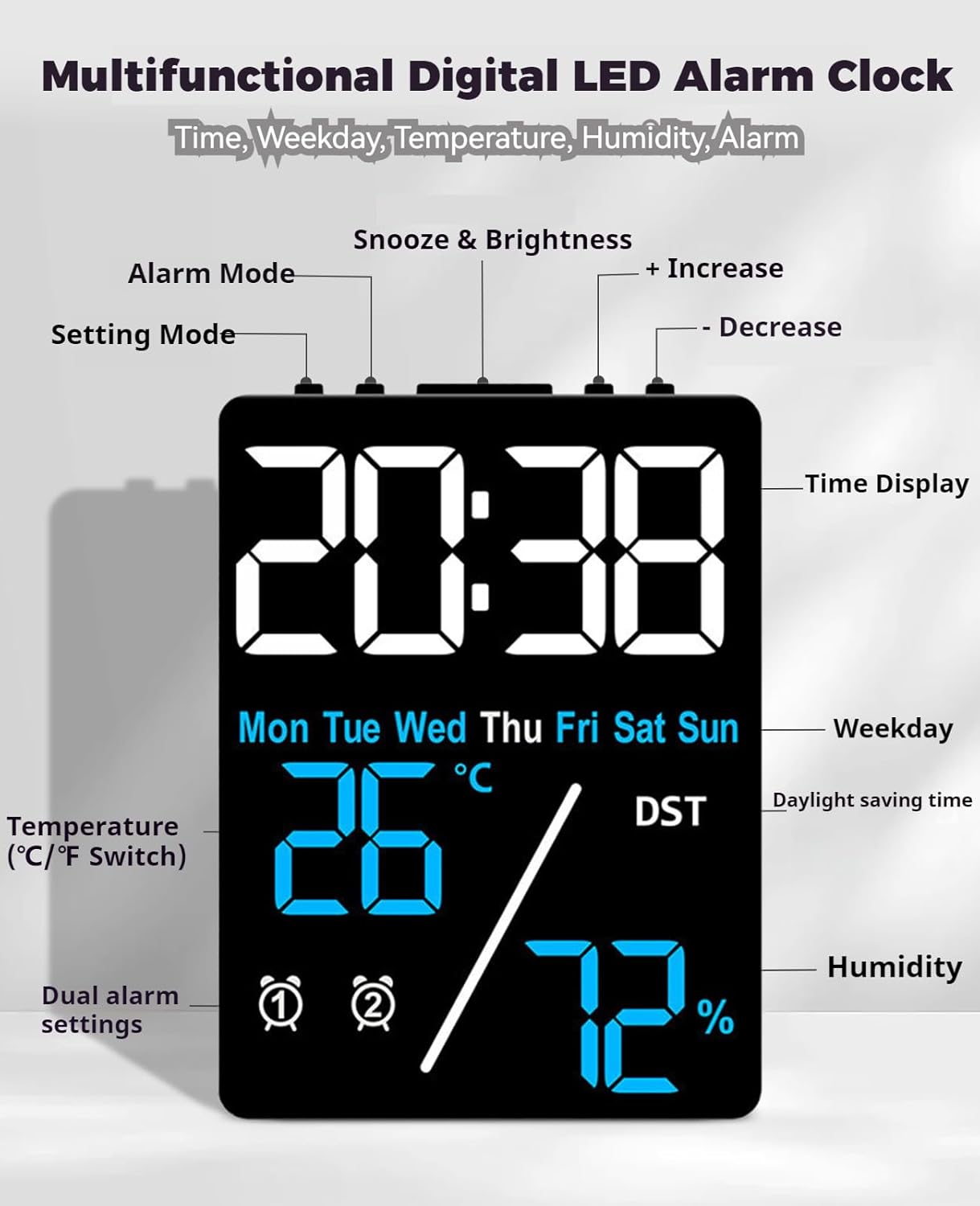 Digital LED Alarm Clock with Thermometer and Hygrometer