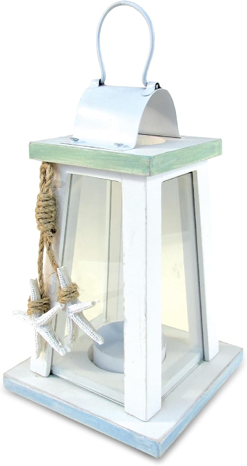 Puzzled Beach Lantern - White Wood Metal Candle Holder with Starfish Rope Accents