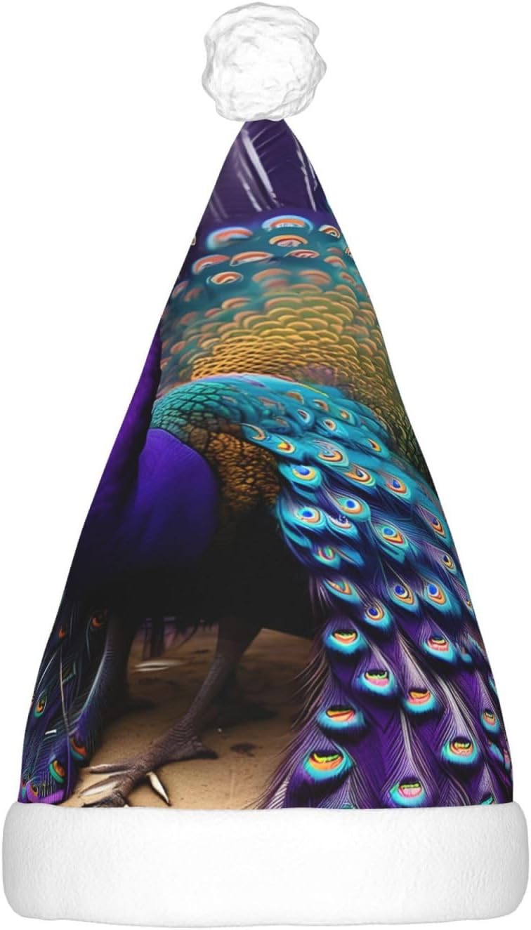Purple Peacock Print Christmas Hat with LED Lights