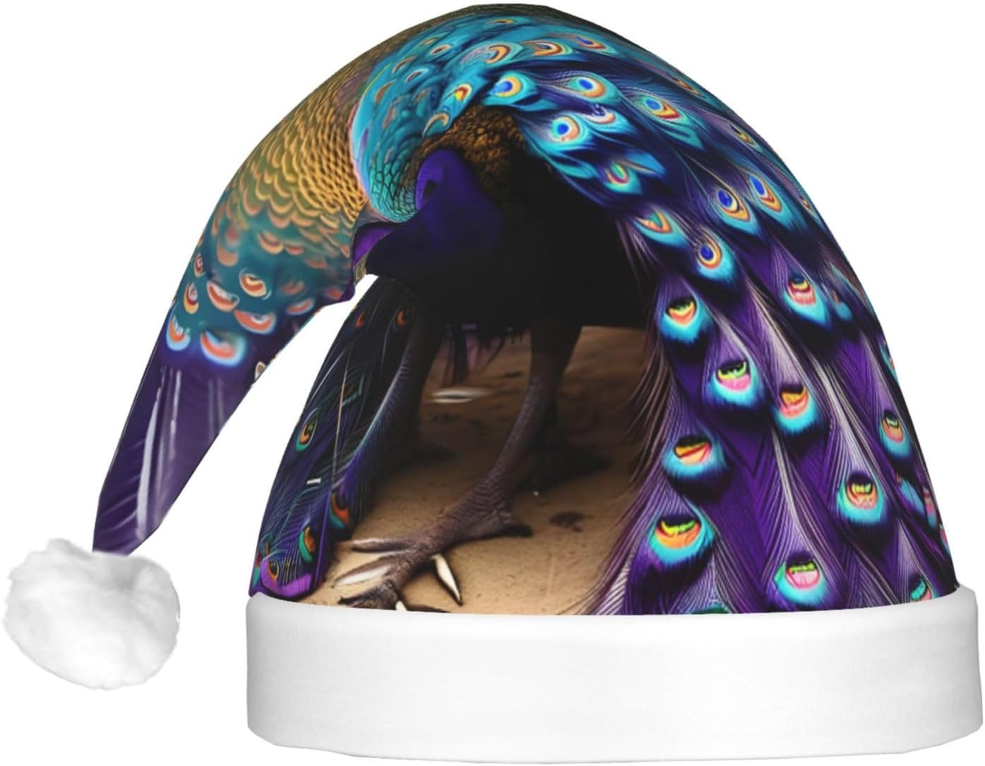 Purple Peacock Print Christmas Hat with LED Lights